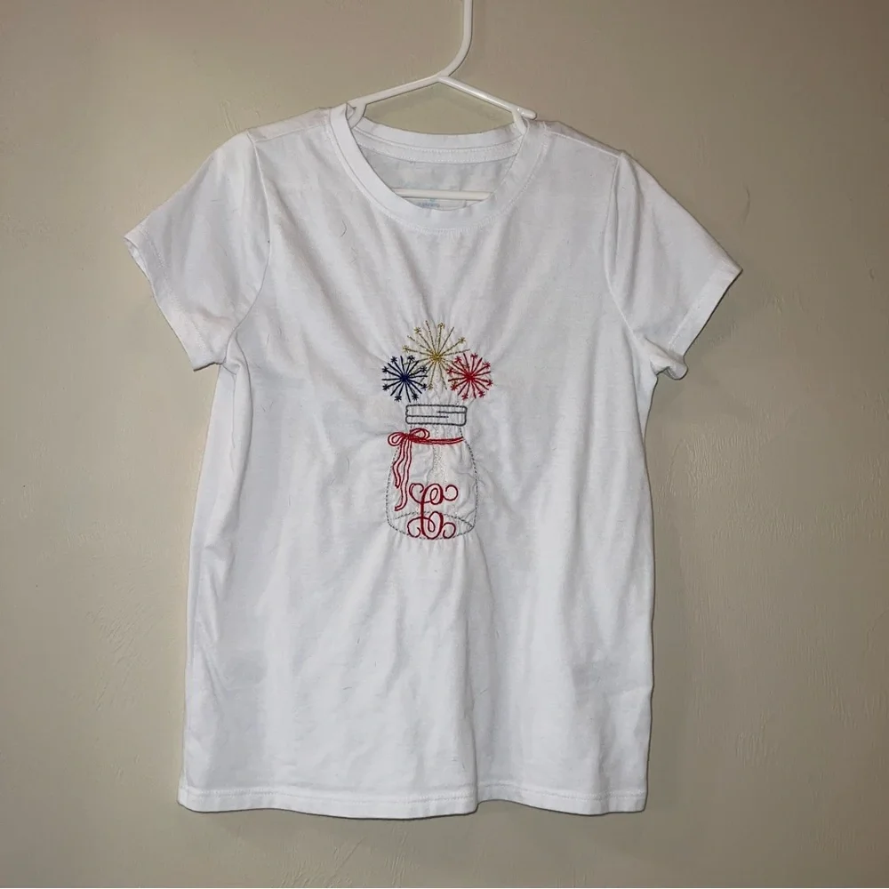 $5 Add On C Monogram White Tee with Embroidered Fireworks Design